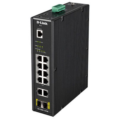 D-Link DIS-200G-12PSW 12-Port Smart Managed Industrial PoE Ethernet Switch, 2 SFP slots, Fanless, DIN-rail, wall, or rack mount